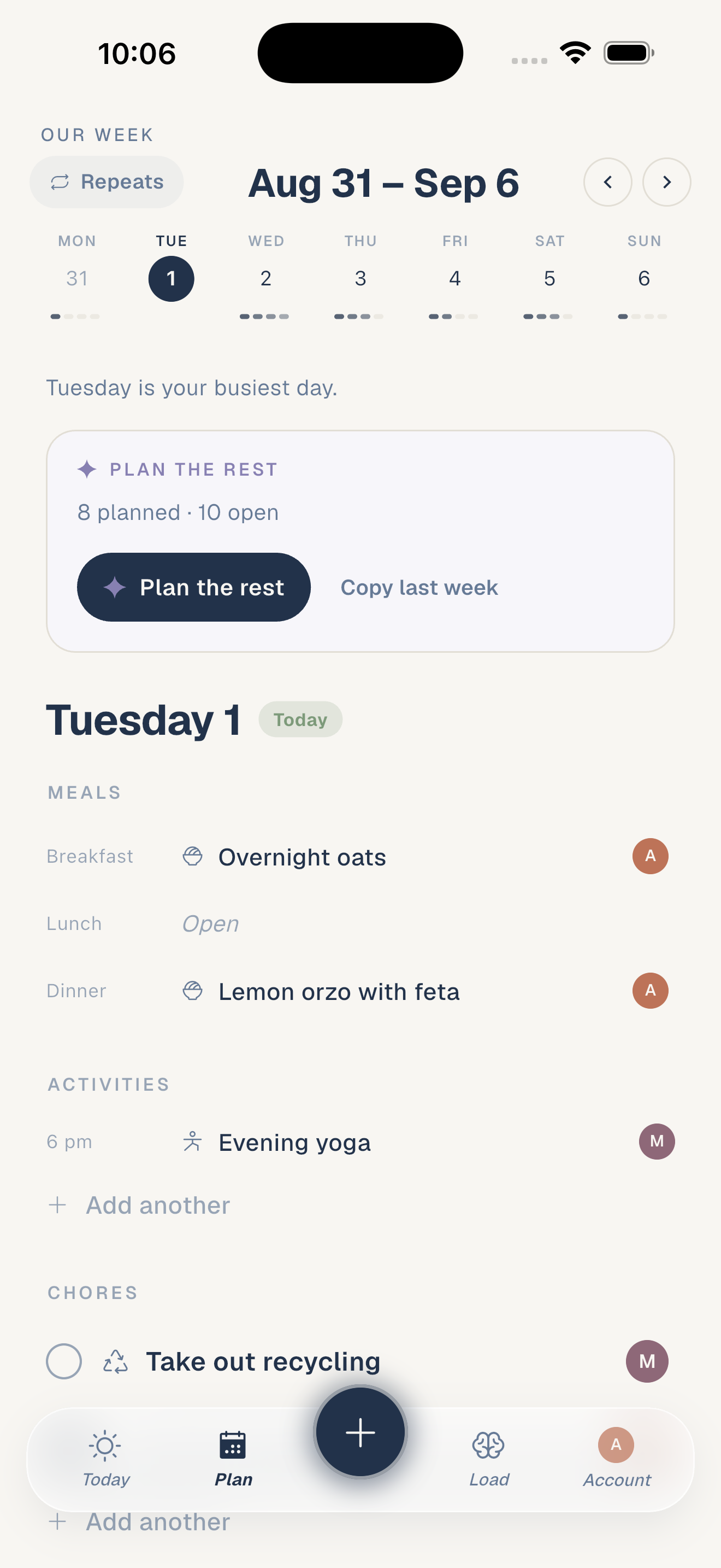 The week in bars: each day a column of what stands on it, with the empty meal slots offered as chips.