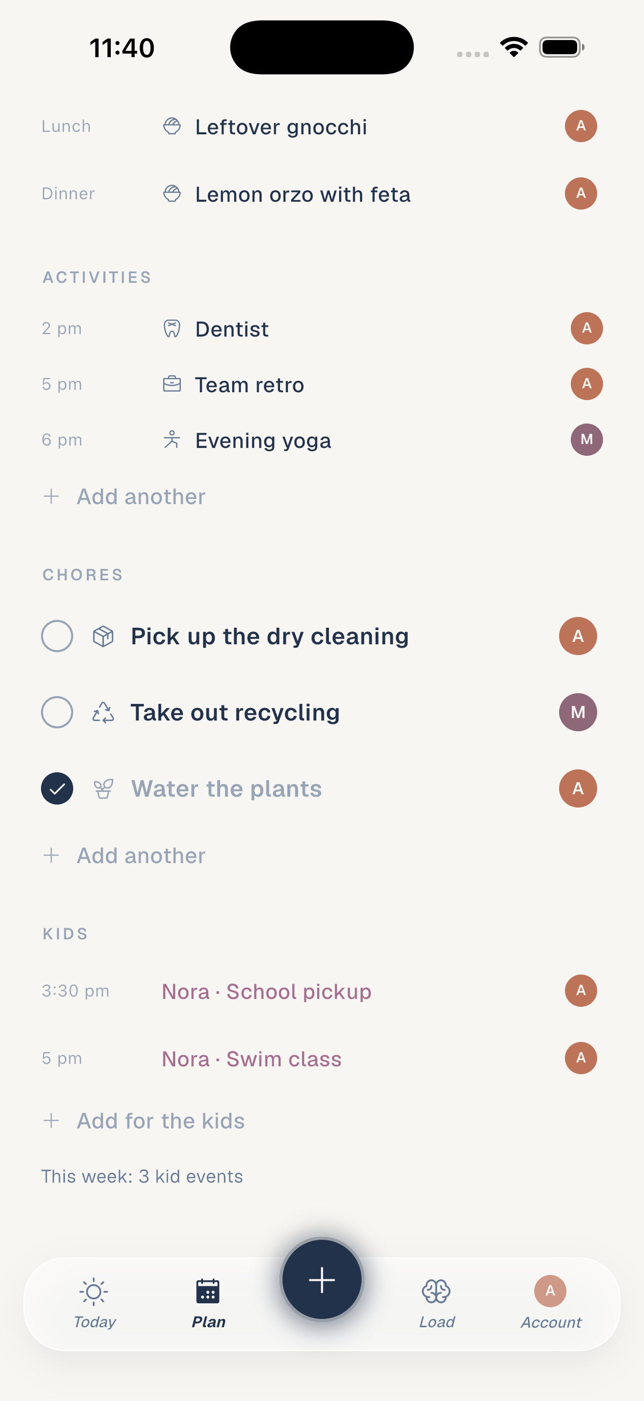 A day in the shared plan: meals, activities, chores and the kids' pickups, every row carrying the name of whoever has it.
