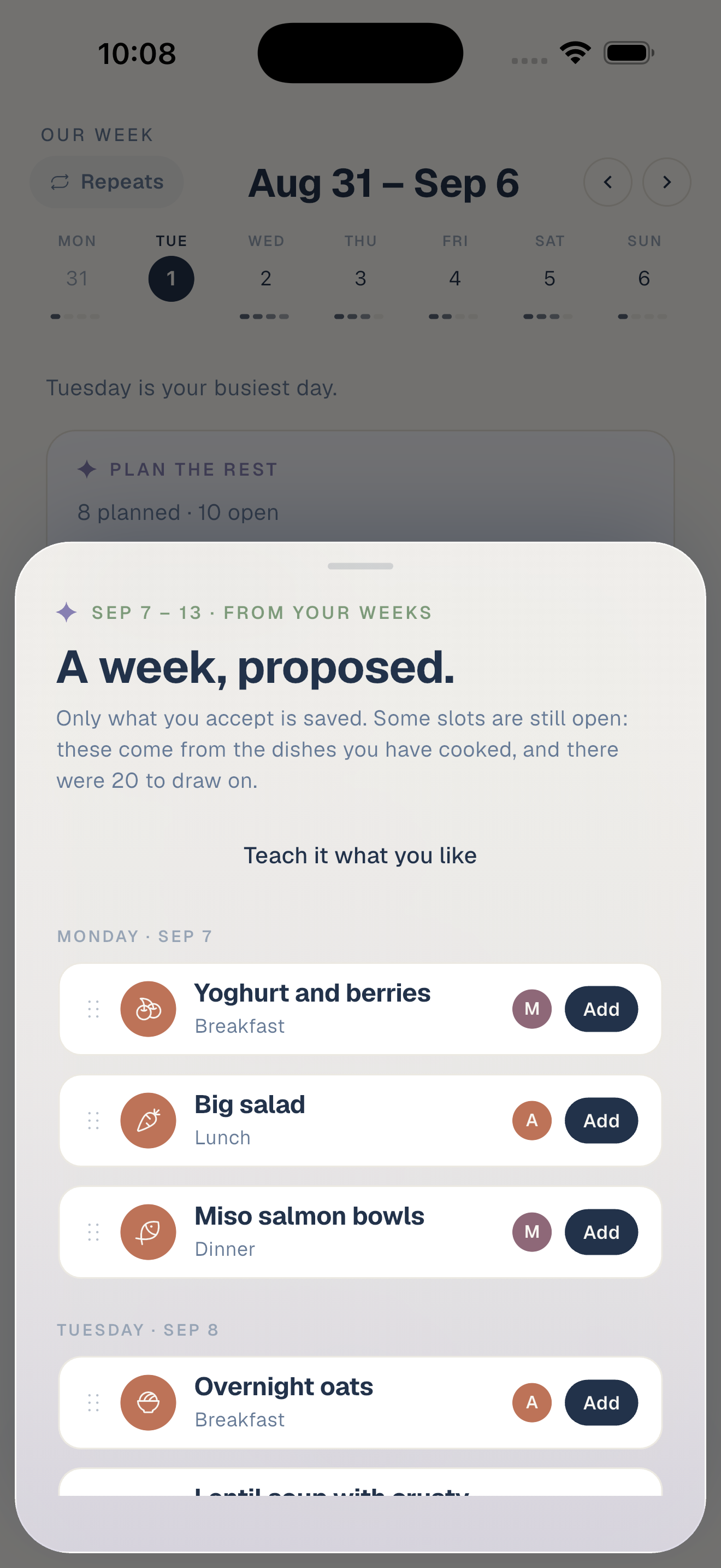 A drafted week: a dish proposed for each open slot, each with a cook against it and an Add button.